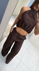Conjunto Pantalón Top Cuello Chocolate