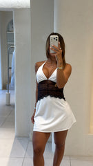 Vestido Blu Encaje Blanco