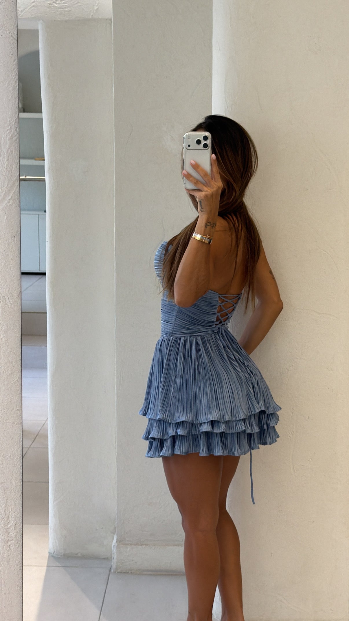Vestido Corto Plisado Azul